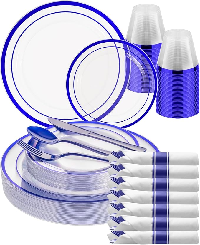 Goodluck 175 Piece Blue Plastic Plates, Clear Plastic Silverware Disposable Plates Set, Include 50Plates, 25Pack Pre Rolled Napkins with Silverware, 25Cups for Party, Wedding, Graduation