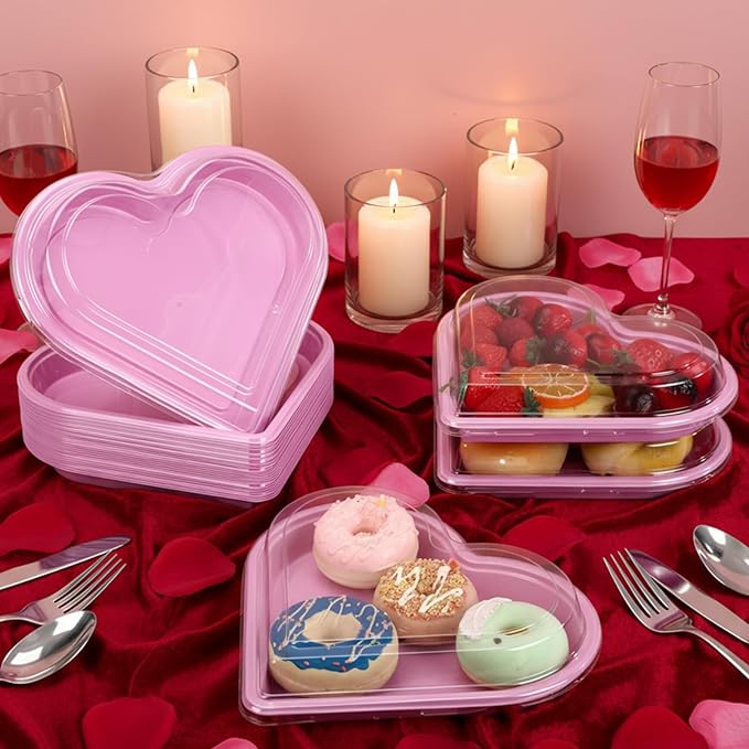 Macarrie 50 Pcs Valentine's Heart Shaped Serving Tray Platter 20 oz Plates with Clear Lids Dessert Plates Snack Tray for Valentine Birthday Party Table Decoration (Pink)