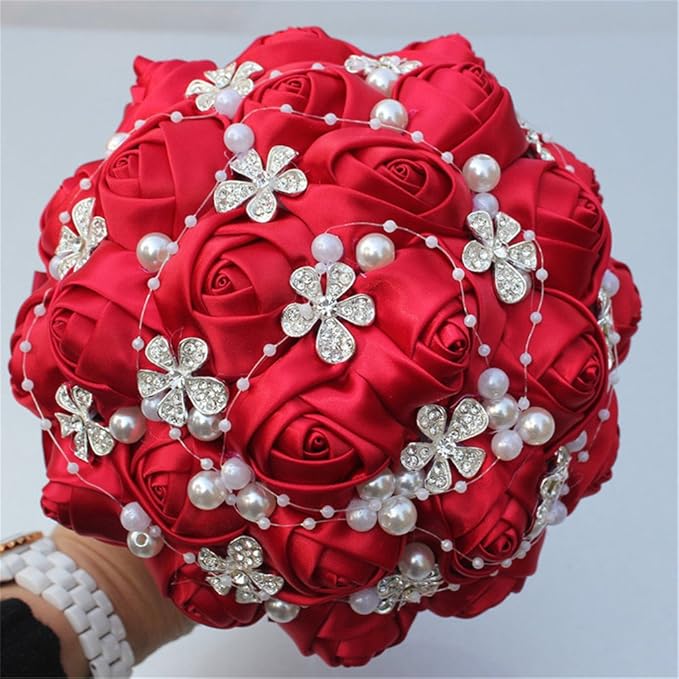 S_SSOY Hand Made Shining Crystal Rhinestones Pearl Silk Rose Bridesmaid Bridal Artificial Bouquets Customization Bride Holding Bouquet Wedding with Corsage Flower, A-018, Red