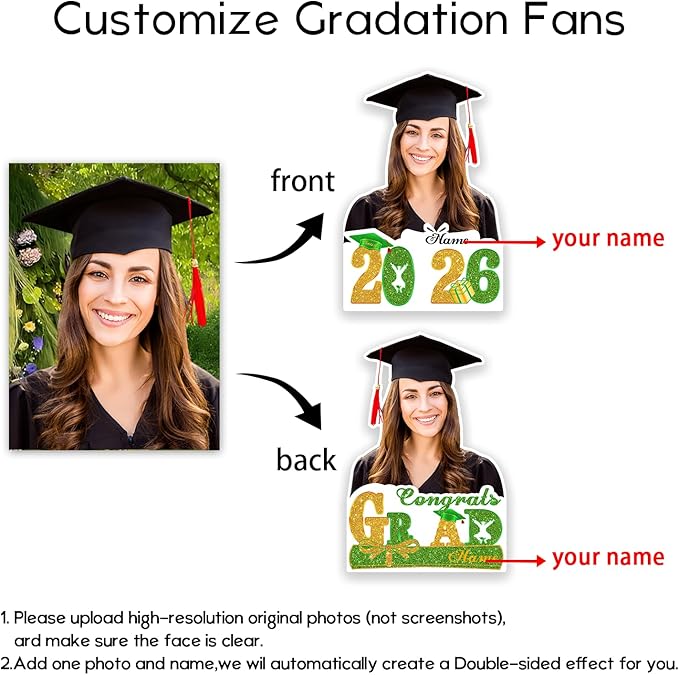 Personalized Graduation Face Fan 2026 Grade Custom Double Sided Face Cutout Fan with Handle Photo Booth Prop Party Supplies(B-Light Green and Gold,12pcs)