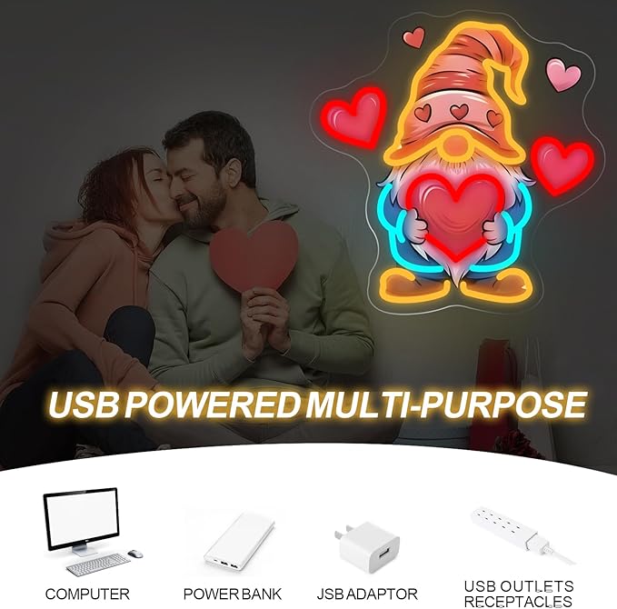 Gnome Heart Valentine Neon Sign - 5-Level Dimmable USB Valentine's Day Decor & Heart Neon Signs, Ideal for Wedding Decor, Romantic Nights, Party Supplies, Cute Wall Lights for Spaces