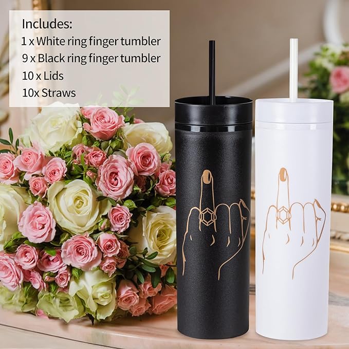 10 Pack Ring Finger Skinny Tumblers| 16 oz Bachelorette Party Cups.Engagement Wedding Gifts.Bridesmaid Proposal Gifts.Bridal Shower Gifts.Bride Bridesmaids Bridal Party Tumblers Cups(Black).