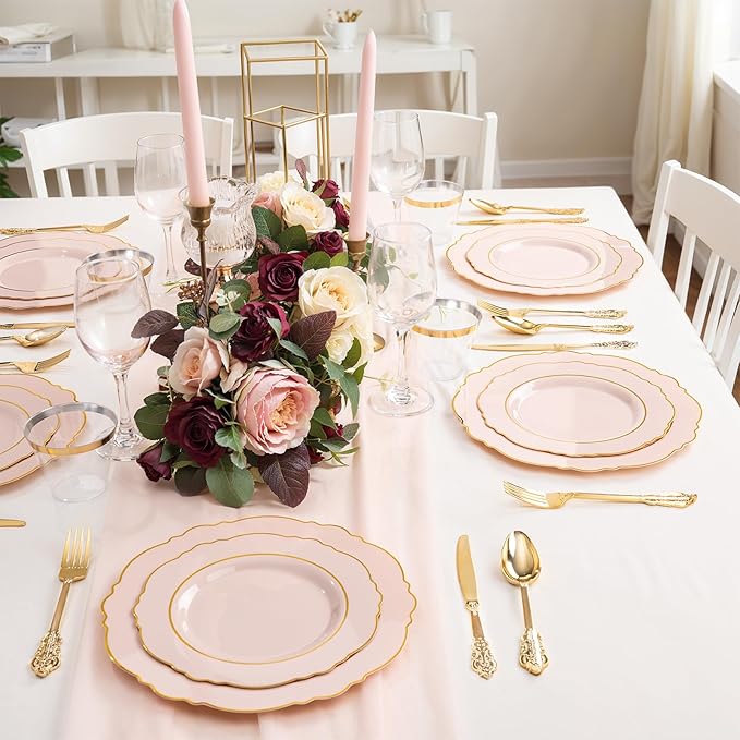 Liacere 700PCS Pink Plastic Plates-Dinnerware Sets for 100 Guests-200 Disposable Plates(10inch,7inch),300 Pink Plastic Silverware,100 Cups,100 Napkins for Wedding&Valentine's Day&Galentines Day