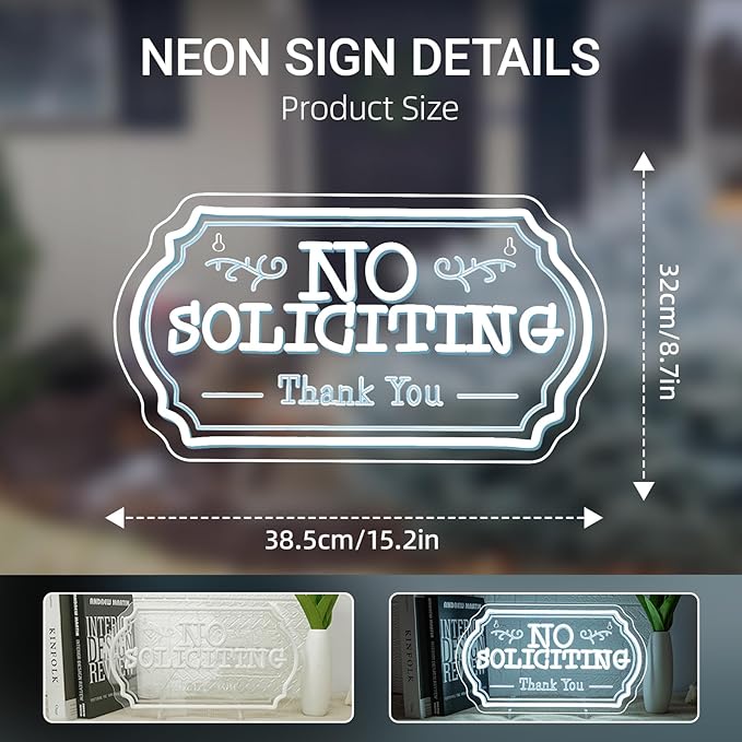 No Soliciting Neon Sign Humorous Neon Signs for Wall Decor Front Door Led Lights White Light Up for Home Shop Store Hotel Restaurant Window Decoration Great Gifts
