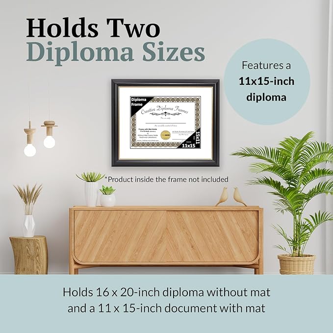 Creative Picture Frames 11" x 15" Rockefeller Black with Gold Rim Diploma Frame, Displays 11" x 15" Certificate or 16" x 20" Document without Mat, College Degree Frame, Full-Strength Glass, White Mat