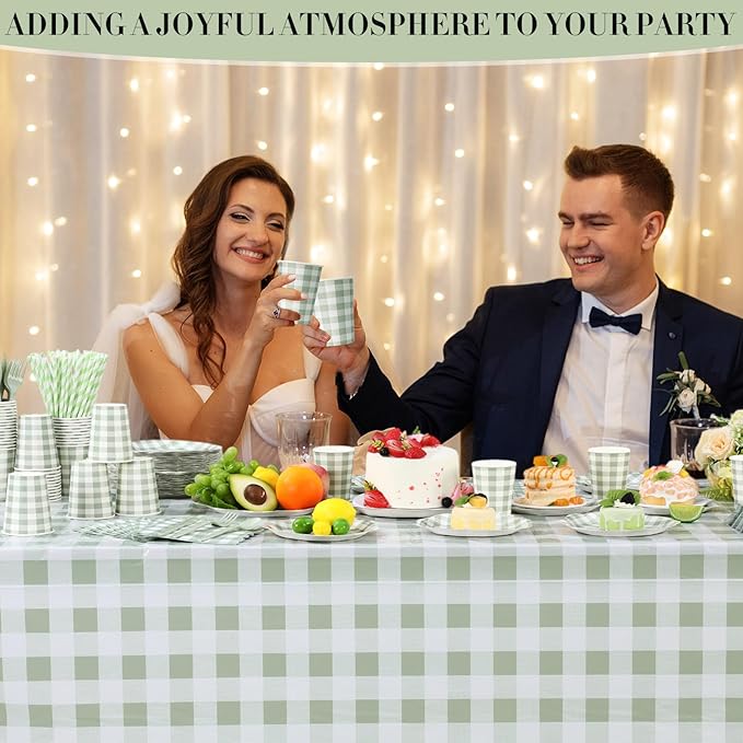 452 Pcs Sage Green Gingham Party Decorations Include White and Green Checkered Paper Plates Napkins Cups Tablecloth Cutlery Straws for Birthday Baby Shower Wedding Party Supplies