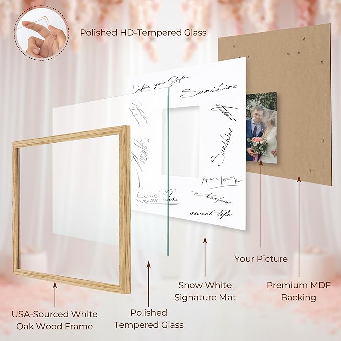 Axeman 14x14 Signature Picture Frame - Solid Oak Wood 14x14 Picture Frame With Mat to 5x7, Graduation Wedding Birthday Guest Book Party Signing, Hanging Hardware Included, Natural