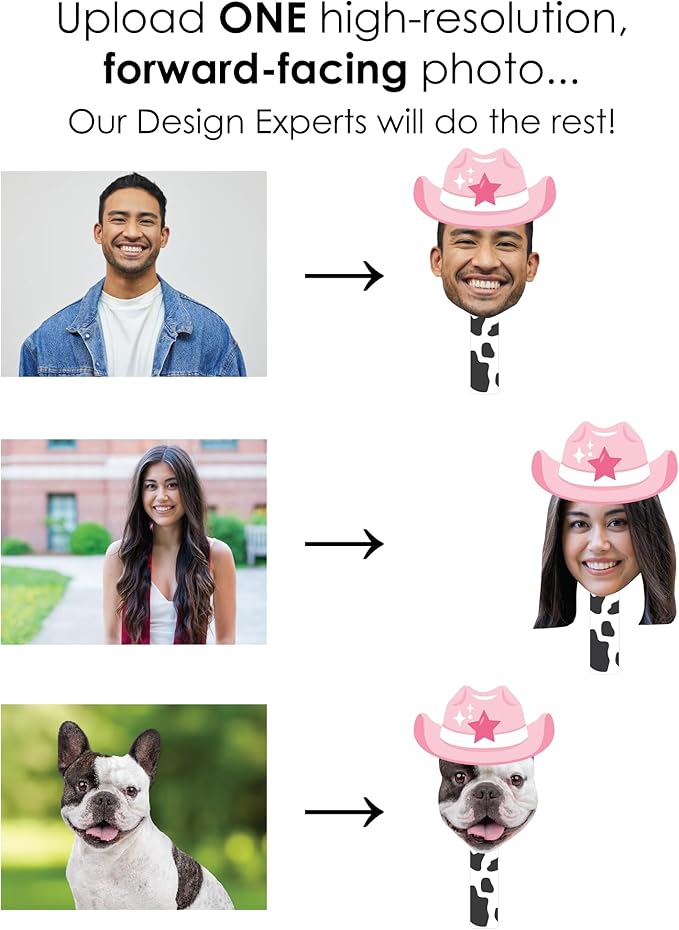 Big Dot of Happiness Custom Photo Last Rodeo - Pink Cowgirl Bachelorette Party Head Cut Out Photo Booth and Fan Props - Fun Face Cutout Paddles - Set of 6