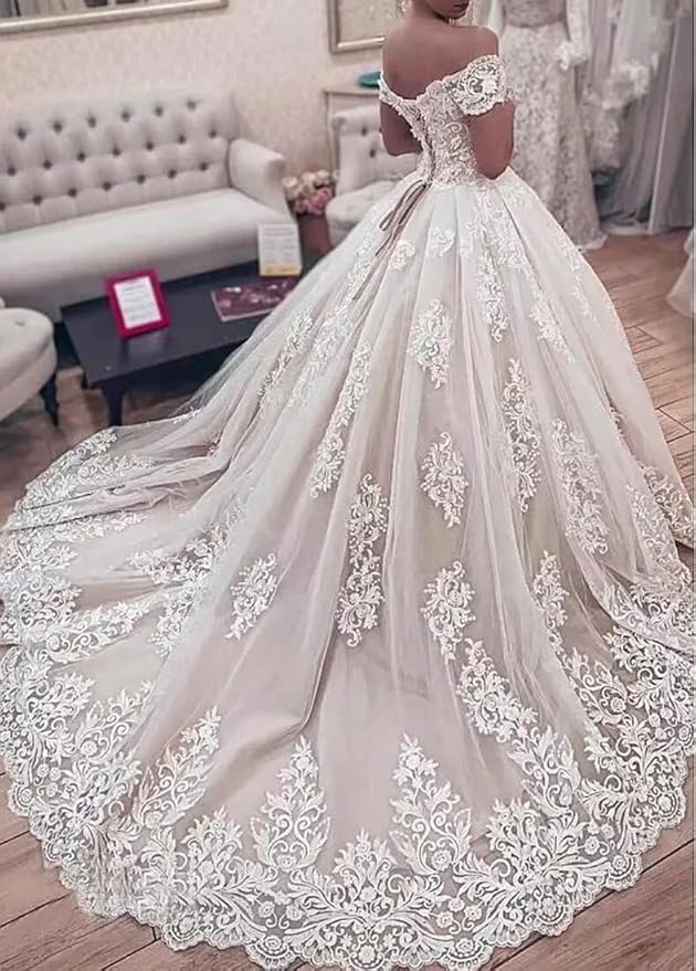 TRHTX Off Shoulder Lace Wedding Dresses for Bride Appliques Bridal Gowns for Women A-line Wedding Gowns with Train