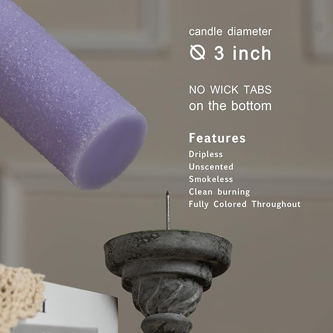 MOZEAL Hand-Poured Granular Texture Decorative Lavnder Pillar Candles Set of 3 (3"x4", 5", 6"),Approx 300 Hours Burn Time Dripless, Unscented, Smokeless, Spring Party Decor Candle Lover Gift