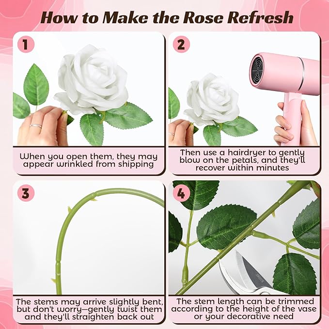 50 Pcs Fake White Roses Artificial Flowers Bulk, Faux Velvet Silk Rose Bouquet with Long Stems Real Look for Wedding Party Centerpieces Vases Decor