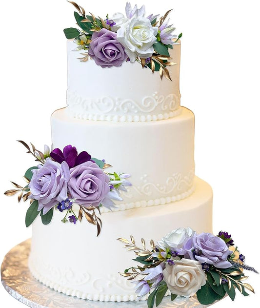 CherishedMoments 3Pcs Cake Topper Set, Wedding Artificial Flowers Decor Purple Cake Topper Decorations for Wedding Ceremony Anniversary, Home Decor,Fall Vintage