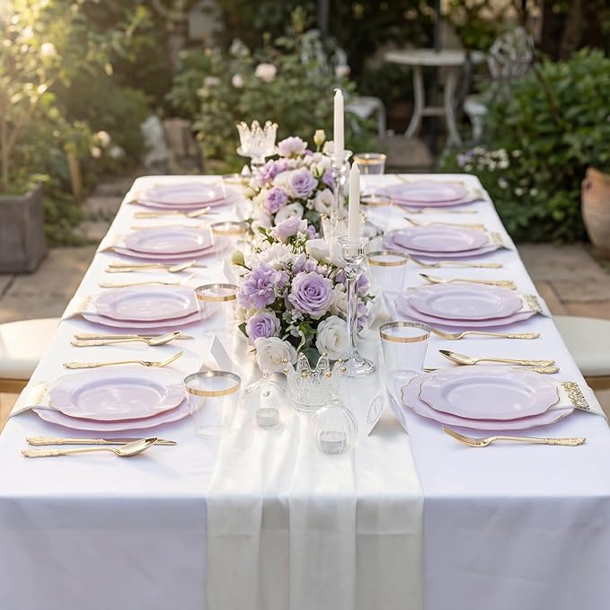 NOCCUR 175PCS Purple Plastic Plates with Gold Disposable Silverware - Include 50 Lavender and Gold Plastic Plates,25 Knives,25 Forks,25 Spoons,25 Cups and 25 Napkins - Ideal for Wedding/Spring Party