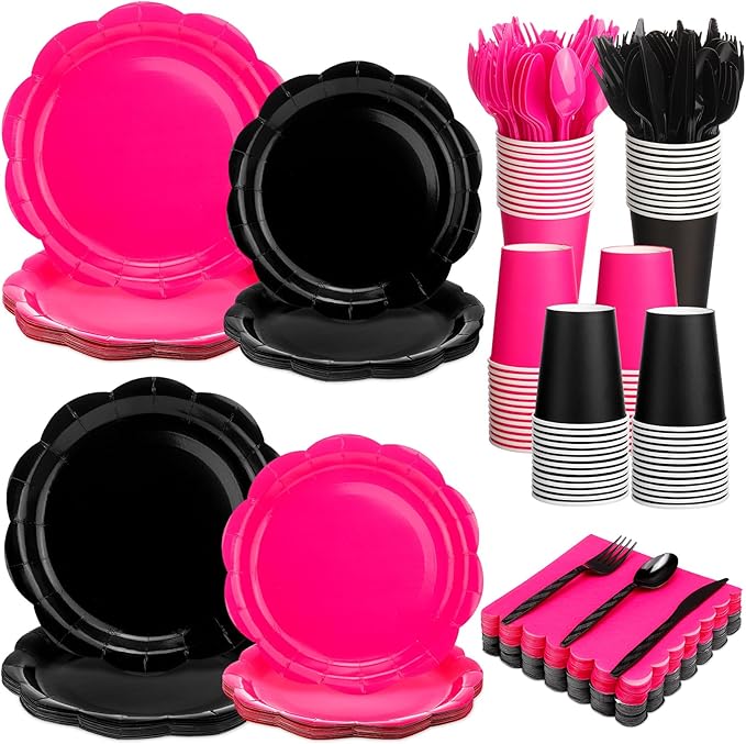 Pickmesh 400 Pcs Hot Pink and Black Birthday Party Supplies Include Hot Pink Disposable Paper Plates Napkins Cups Cutlery for Women Black Bridal Shower Bachelorette Party Decorations Serve 50