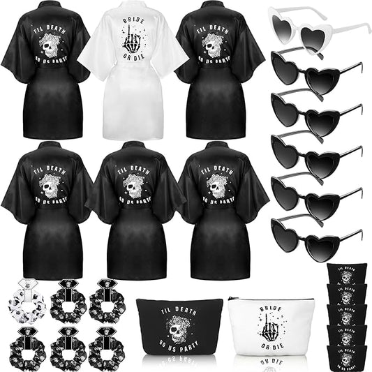 Domensi 24 Pcs Bride or Die Bachelorette Party Decorations Bridesmaid Robes Gift Sets Till Death Do Us Party Decorations Skull Black and White Bridal Robe for Bridal Shower Gothic Wedding Party Dress