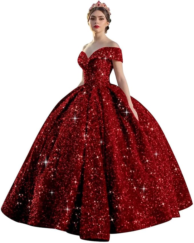 Quinceanera Dress Long Ball Gown Sparkly Sequin Off Shoulder V Neck Prom Dresses