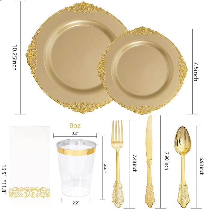 Morejoy 175PCS Solid Gold Plastic Plates with Gold Rim，gold disposable dinnerware sets Include 25 Dinner Plates,25 Dessert Plates,25 Cutlery Sets,25 Napkins Perfect for Party & Christmas