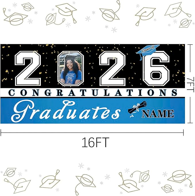 Custom Graduation Garage Door Banner Decoration 7x16ft with Photo Congrats Garage Door Cover 2026 Party Photo Booth Backdrop Party Supplies(Sky Blue)