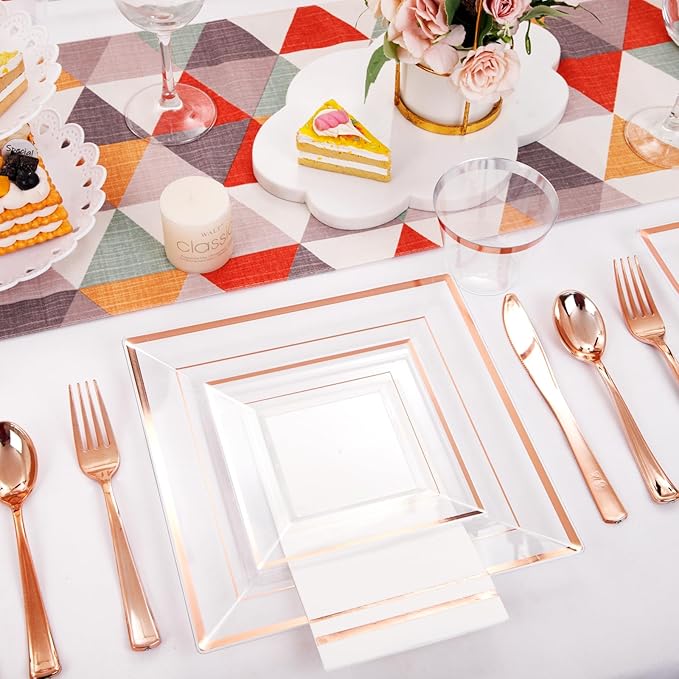 Festiva 350Pcs Rose Gold Plastic Plates - Clear Rose Gold Disposable Dinnerware Sets for 50Guests include 100 Plates 50 Cups 50Plastic Cutlery 50Napkins for Party&Wedding& Valentine's Day