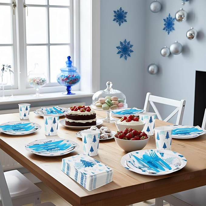 Pickmesh 400 Pcs Winter Party Supplies Blue Silver Xmas Tree Snowflake Disposable Paper Plates Napkins Cups Cutlery for Christmas Xmas Birthday Party Table Decorations Serve 50