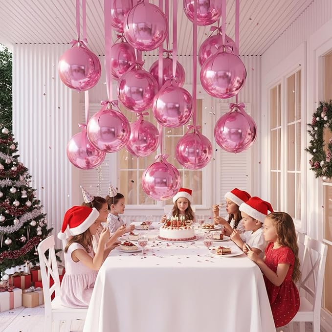Jenaai 30 Set Valentine's Day Round Foil Balloons Bulk 22 Inch 4d Metallic Giant Balloons Set with Satin Bows Ribbon for Ceiling Holiday Ornaments New Year Birthday Wedding Party Decoration(Pink)