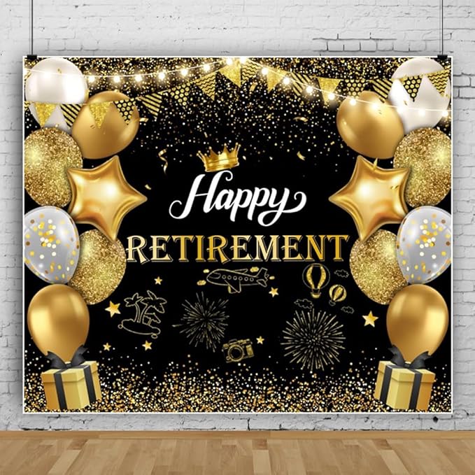 12x10ft Happy Retirement Photography Backdrop Black and Gold Retirement Party Decorations Backdrop Background Balloons White Lights Glitter Celebrate Retirement Party Supplies Studio Props