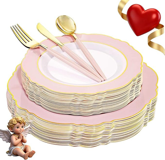 WDF 30Guest Pink Plates Disposable - Hign-end Baroque Design - Gold Plastic Silverware with Handle-Baroque Pink &Gold Plastic Dinnerware for Valentine's Day/Wedding