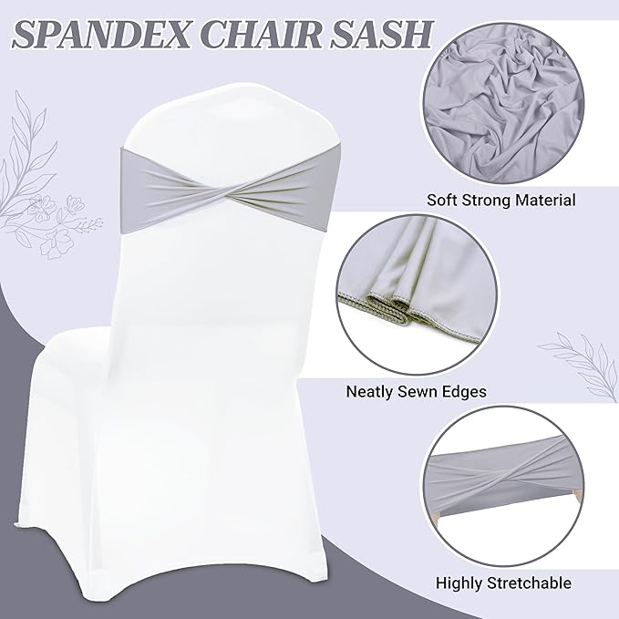 VDS Pack of 300 PCS | Light Silver | Spandex Chair Sashes Bows Without Buckle | Stretch Elastic Banquet Universal Folding Chair Band Tie with for Wedding Party Conference Celebration Event Decoration