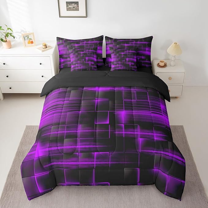 Feelyou Purple Black Bedding Set Twin Size Boys Girls Geometric Strip Lines Comforter Set with Sheets 7 Piece for Bed in a Bag Abstract Modern Bed Set with Comforter,Sheets,Pillowcases