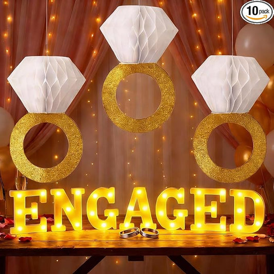 10 Pcs Engagement Party Decorations Glitter Gold Honeycomb Engagement Ring Hanging Decorations Engaged LED Letter Lights Table Decoration for Bachelorette Wedding Anniversary Party Decor