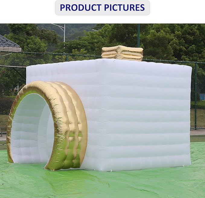 SAYOK Inflatable Photo Booth with Lights, Portable Camera Shaped Cube Tent with Blower, 11.5x9.2x8.2ft (White/Gold), Backdrop for Wedding Events, Parties, Exhibitions
