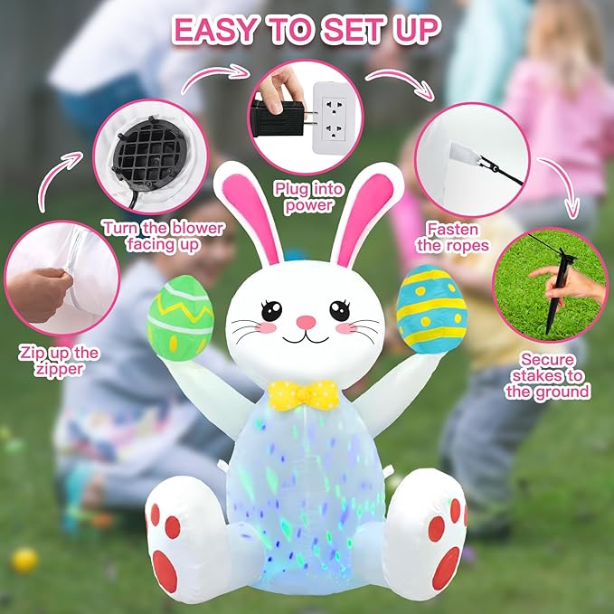 Easter Inflatables Outdoor Decorations 4ft Cute Inflatable Bunny Hold Eggs Blow Up Yard with LED Lighted Colorful Happy Rabbit Blow Ups for Outside Holiday Party Garden Lawn Indoor Home Decor