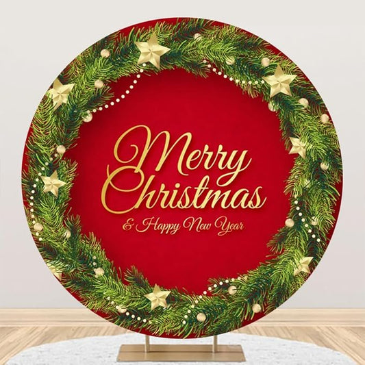 YongFoto Merry Christmas Round Backdrop Cover 5ft Green Christmas Wreath Gold Red Background Xmas Eve Happy New Year New Year's Night Festival Carnival Family Celebration Party Banquet Decor Banner