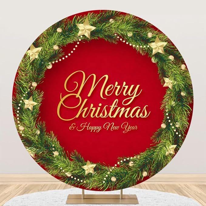 YongFoto Merry Christmas Round Backdrop Cover 6ft Green Christmas Wreath Gold Red Background Xmas Eve Happy New Year New Year's Night Festival Carnival Family Celebration Party Banquet Decor Banner