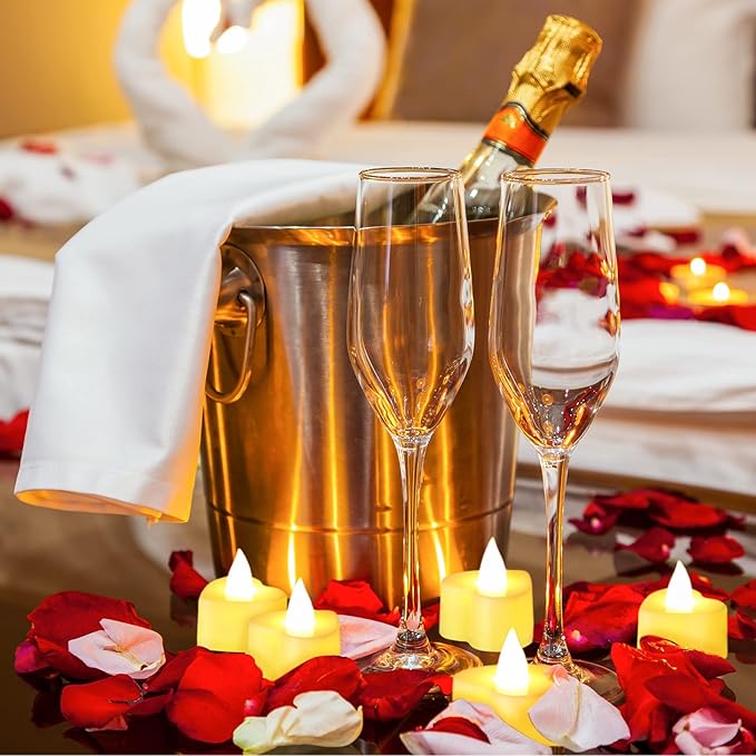 Coume 6000 Pcs Artificial Rose Petals with 120 Pcs Heart LED Tea Lights Candles Kit Valentines Rose Petals Candles Set for Romantic Night Anniversary Proposal Wedding Date Hotel(Warm White Light)