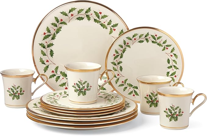 Lenox Dinnerware Set, Holiday 12-Piece Set, Service For 4, Porcelain Plate, Berry Motif With 24-Karat Gold Accents, Christmas Dinner Plates, Salad Plates And Mugs, Dishwasher Safe (Assorted, 12 Piece)