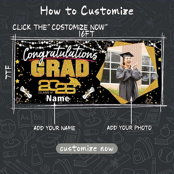 Custom Garaduation Garage Door Banner Cover 16 x 7 ft Class of 2026 Congrats Grad Party Backdrop Personalized Graduation Decoration(Black and Gold)