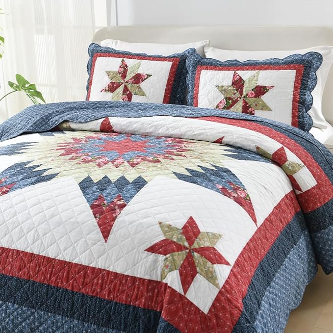 Cotton Bedspread Quilt Bedding Sets 3 Pieces Reversible Coverlets Real Patchwork Star Red Blue Bedspread, Queen Size