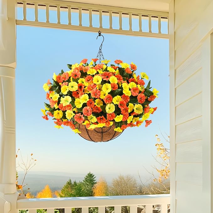 Artificial Fake Hanging Flowers Plants Baskets for Outdoor Decoration, Faux Silk UV Resistant Look Real Morning Glory Arrangement for Porch Patio Garden Deck Home Summary Decor(Orange Yellow)