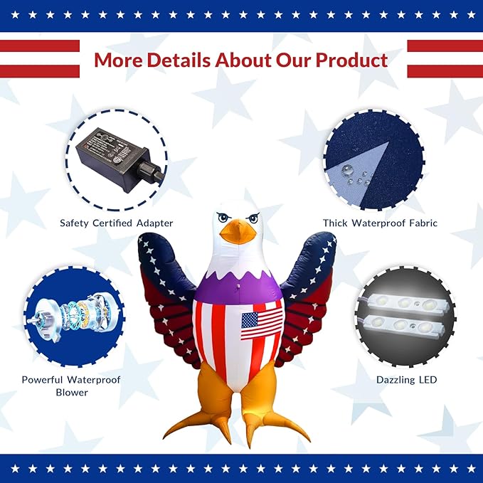 Patriotic Inflatable 6FT Bald Eagle with Flying Wings 4th of July Inflatable Yard Decorations Outdoor Holiday LED Blow up Decor for American Decorations Advertising Business Promotion