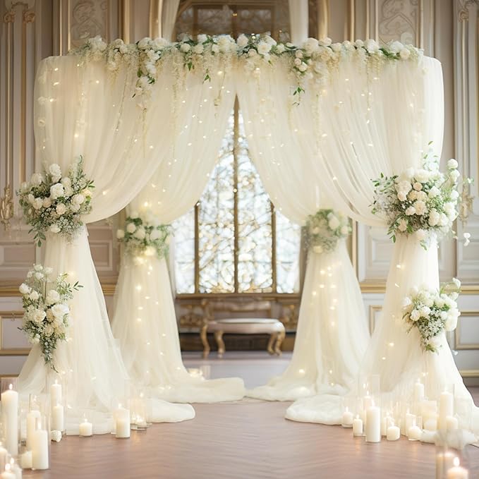 30x10ft Ivory Tulle Backdrop Curtain with Lights String for Parites, Sheer Photo Backdrop Curtains with lights for Wedding Backdrop Ceremony Reception Bridal Shower Baby Shower Birthday Party