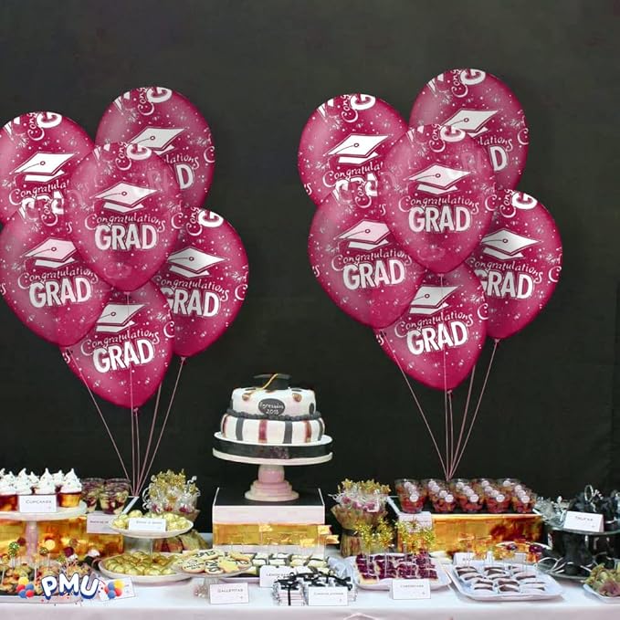 PMU 100 Pcs Crystal Burgundy Graduation Balloons Class of 2025 with All-Over Print White Grad Caps-Confetti and Streamers | Graduation Party Supplies | Congratulations Grad Latex Balloons Latex