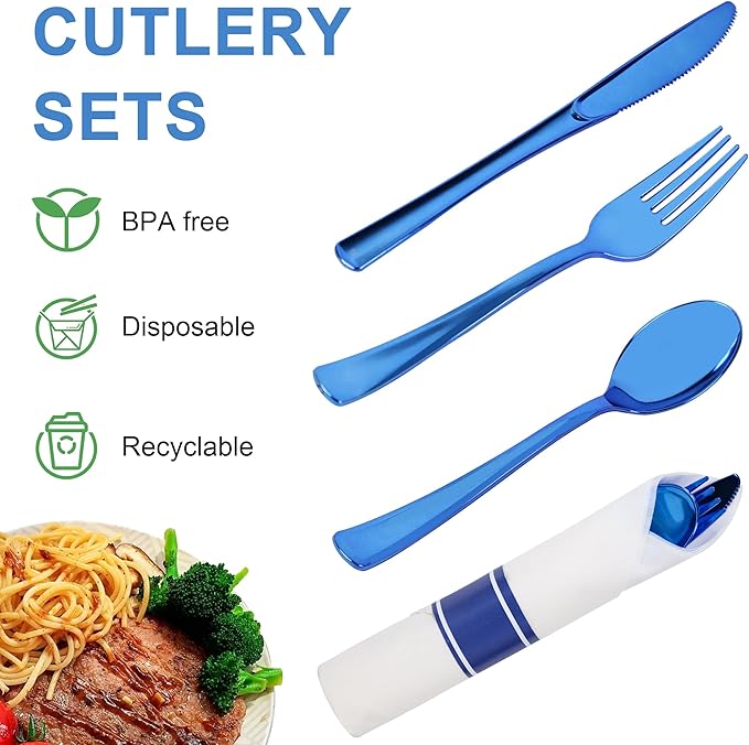 800 PCS Pre Rolled Napkin and Cutlery Set, Premium Blue Plastic Flatware Sets Wrapped in Napkin, Disposable Cutlery Set with 200 Forks, 200 Knives, 200 Spoons, 200 Napkins for Wedding, Party，Dinner