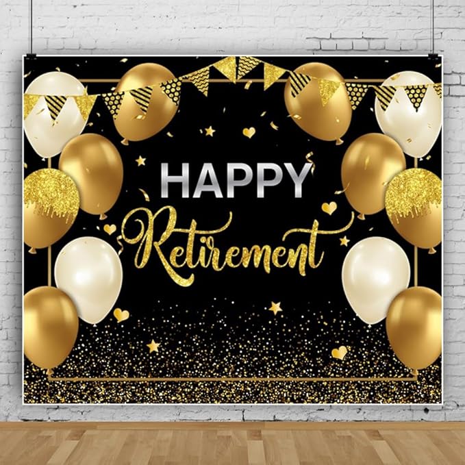12x10ft Happy Retirement Backdrop for Photography Glitter Black Gold Retirement Party Decorations Banner Background Gold Sequins Balloons Men Women Celebrate Retirement Party Supplies Props