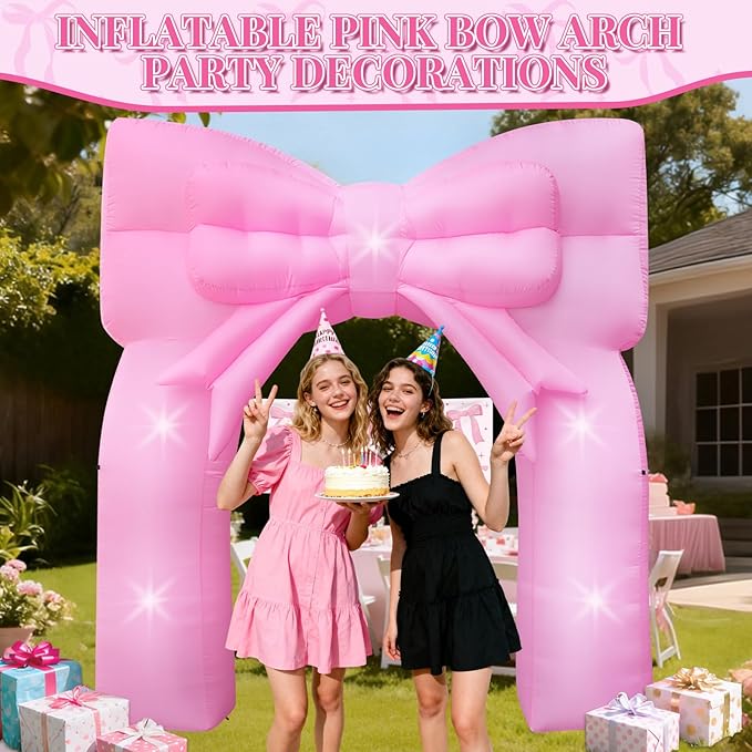 9FT Pink Bow Inflatable Arch Outdoor Decorations Giant Blow-up Pink Bow Arch Built-in 5 LED Lights for Birthday Party Decor Wedding Bachelorette Bridal Coquette Supplies for Women Yard Garden Lawn
