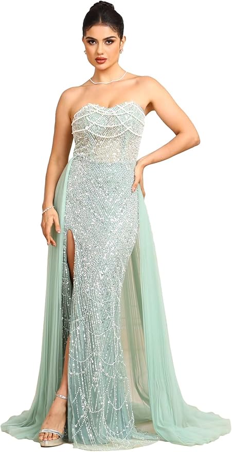 BABYONLINE D.R.E.S.S. Women's Handmade Sequin Evening Gown, Strapless Formal Dress with Side Split, Mesh Overlay 3200