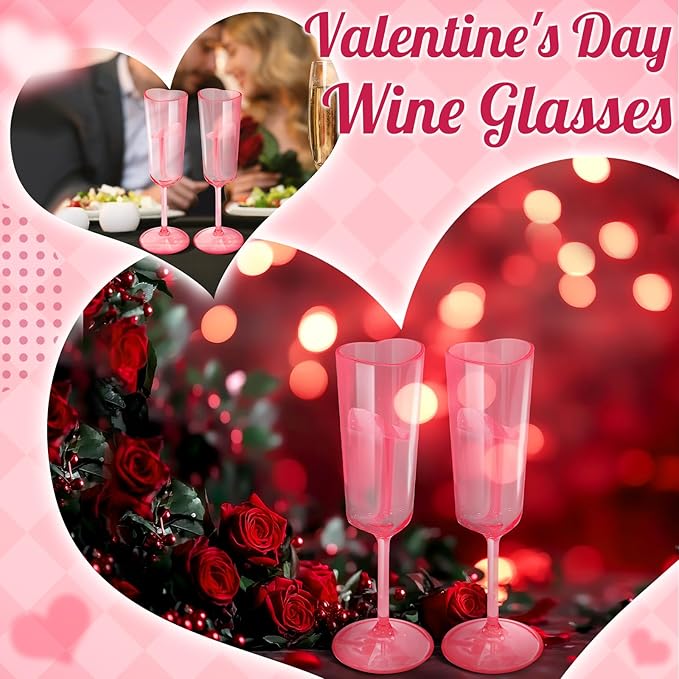 10 Pcs Galentines Day Party Supply Pink Champagne Flutes 6 oz Valentines Day Heart Shaped Champagne Flutes Acrylic Wine Cups for Valentines Galentines Bachelorette Wedding Bridal Shower
