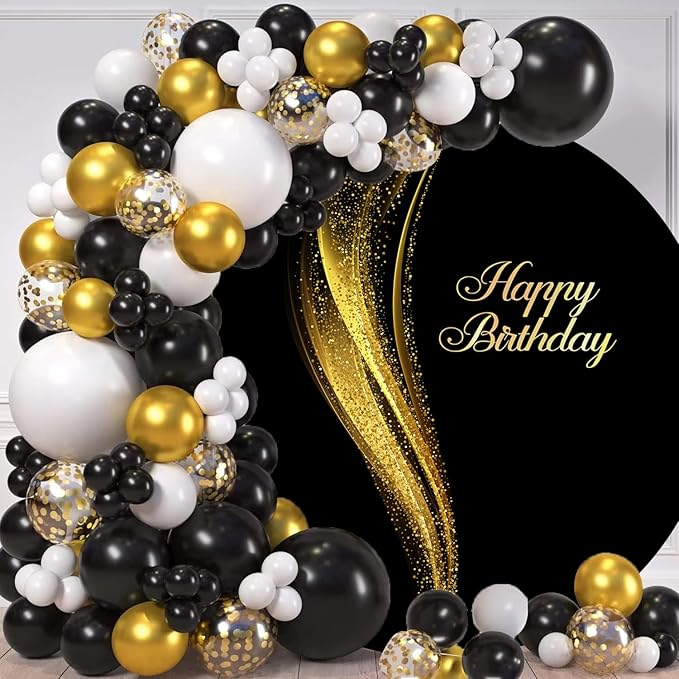 Black and Gold Happy Birthday Round Backdrop Cover 7.2ft Black Background for Photography Gold Shining Sequins Birthday Party for Women Man Adult Kids Photo Portrait Photo Studio Props