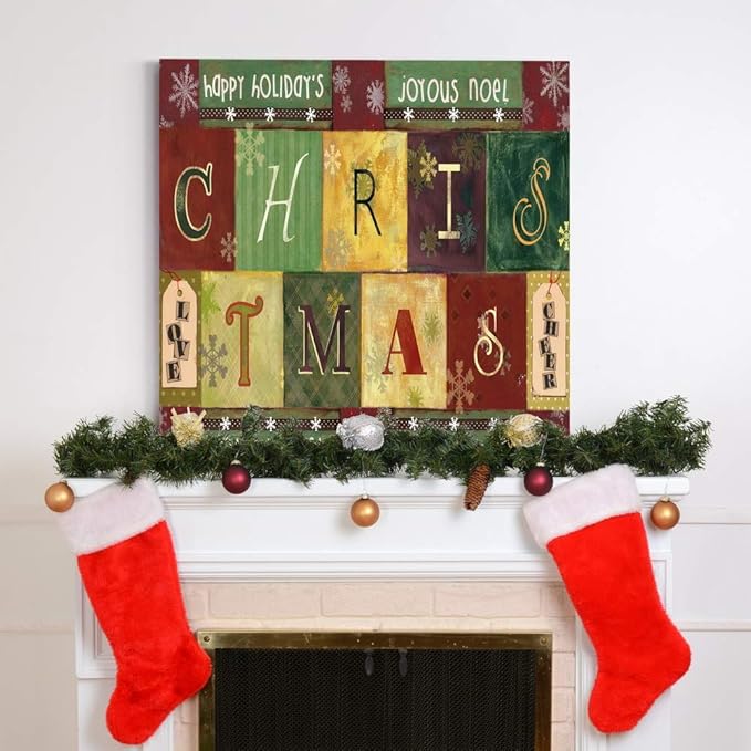 Renditions Gallery Christmas Word Art Wall Art, Cute Winter Decor, Colorful Wrapping Paper Like Designs, Snowflakes, Premium Gallery Wrapped Canvas, Ready to Hang, 24 in H x 24 in W, Made in America