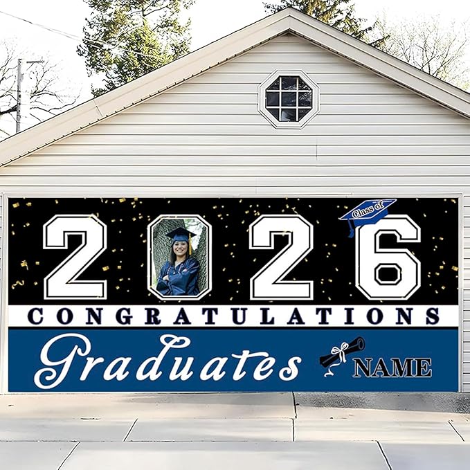 Custom Graduation Garage Door Banner Decoration 7x16ft with Photo Congrats Garage Door Cover 2026 Party Photo Booth Backdrop Party Supplies(Blue)